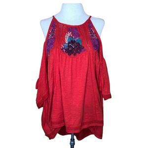 Free People Shirt Orange Cold Shoulder Embroidered Top New M